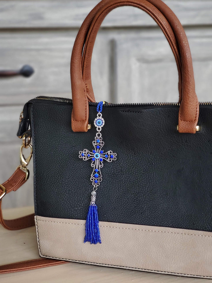 Luckboostium Cross Evil Eye Car Charm - Rear View Mirror Accessories - Evil Eye Crystal Cute Keychain - Evil Eye for Door or Home Office - for Good Luck and Protection