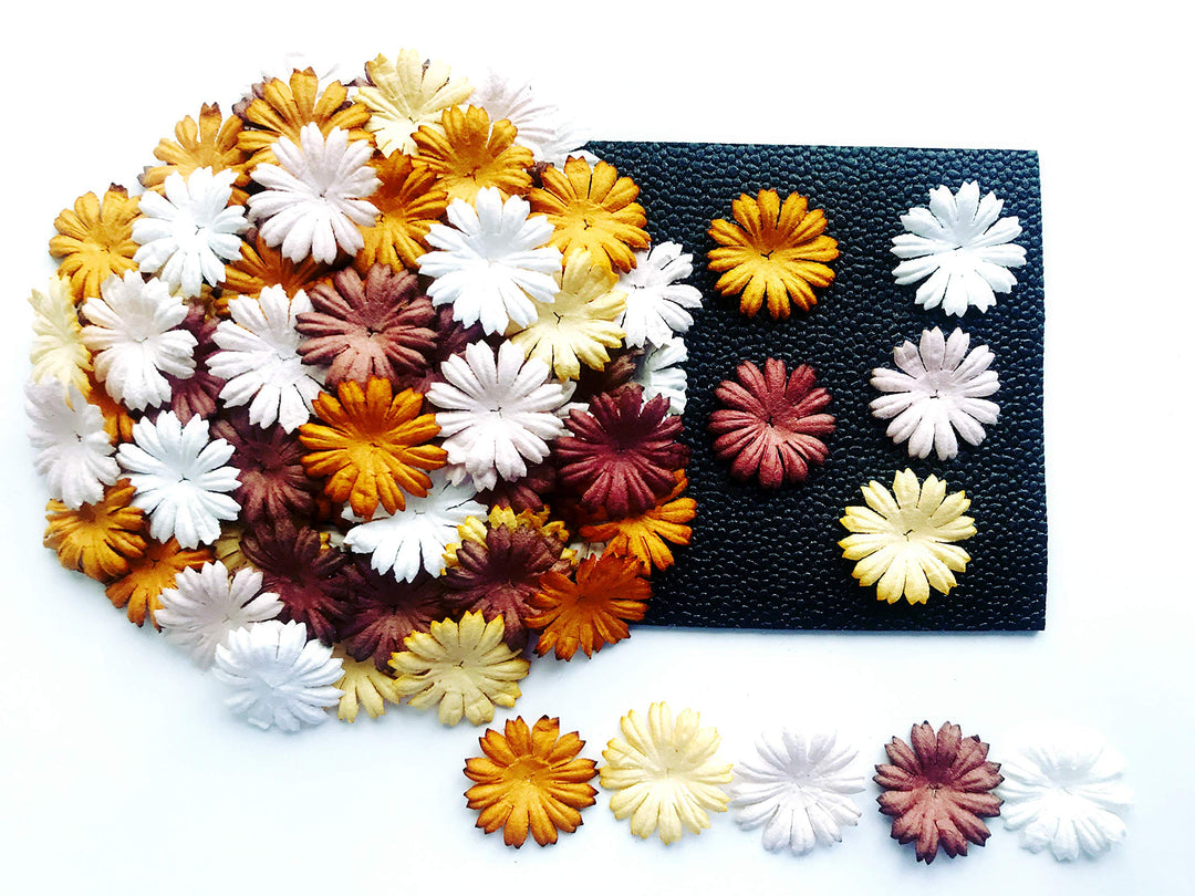 Tyga_Thai TH 50 pcs. Daisy Paper Flowers 25 mm. Mixed Tone Brown Petal Flower die cuts Mulberry Paper Flower Craft Handmade Wedding Scrapbook for so Many Card Craft Projects Brown, White Small