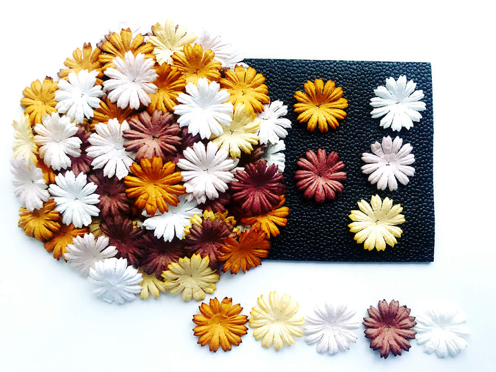 Tyga_Thai TH 50 pcs. Daisy Paper Flowers 25 mm. Mixed Tone Brown Petal Flower die cuts Mulberry Paper Flower Craft Handmade Wedding Scrapbook for so Many Card Craft Projects Brown, White Small