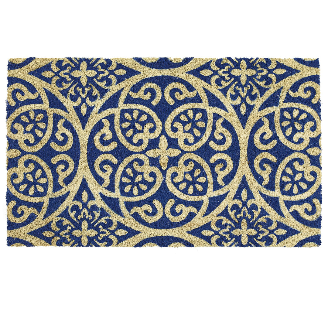 Natural Coir Geometric Modern Outdoor Door Mat, Front Porch Décor, 17x29, Blue Tunisia Scroll