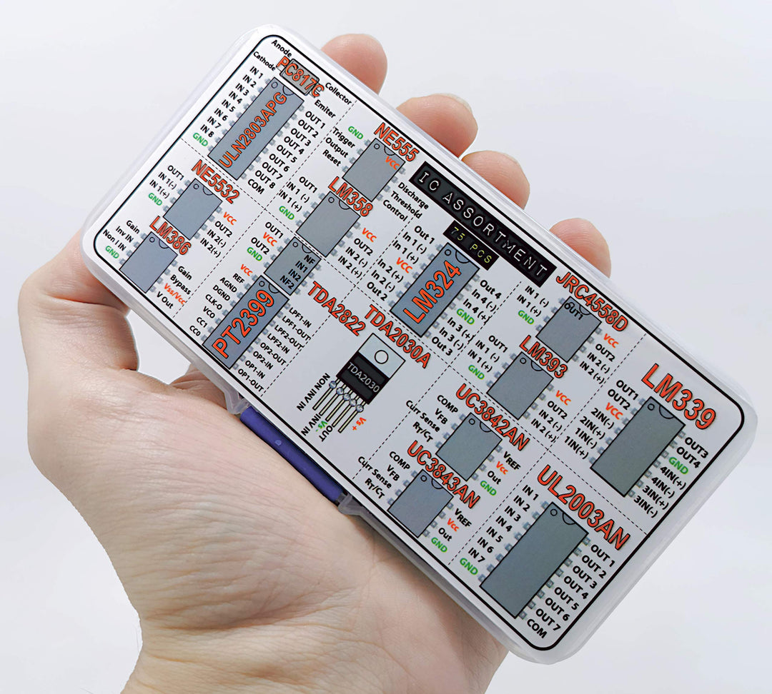 IC Assortment Box 75 pcs, PC817c, NE555, LM358, LM324, JRC4558D, LM393, LM339, NE5532, LM386, PT2399, TDA2822, TDA2030A, UC3842AN, UC3843AN, ULN2803APG, ULN2003AN and Sockets