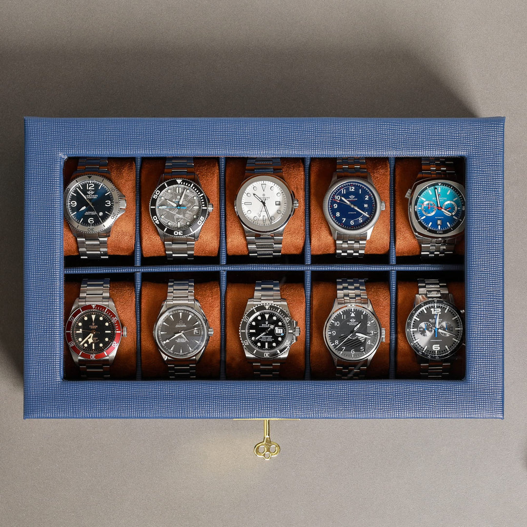 10 Slot Leather Watch Box - Luxury Watch Case Display Jewelry Organizer - Locking Watch Display Case Holder with Large Glass Top - Watch Box Organizer for Men and Women (Blue/Tan)