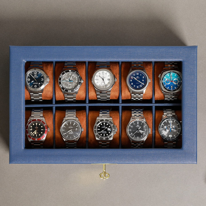 10 Slot Leather Watch Box - Luxury Watch Case Display Jewelry Organizer - Locking Watch Display Case Holder with Large Glass Top - Watch Box Organizer for Men and Women (Blue/Tan)