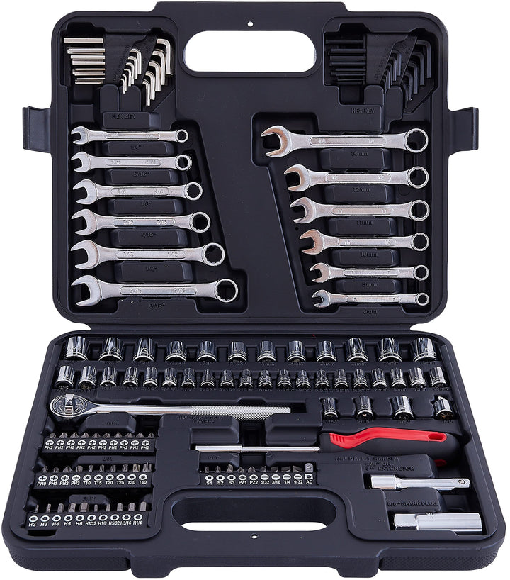 121 Piece Mechanic Tool Socket Set 3/8 and 1/4 inch Drive SAE &amp; Metric Size, with Tool Box Storage Case for Home, Car Trunk, Automotive, Bike Projects and as A Gift