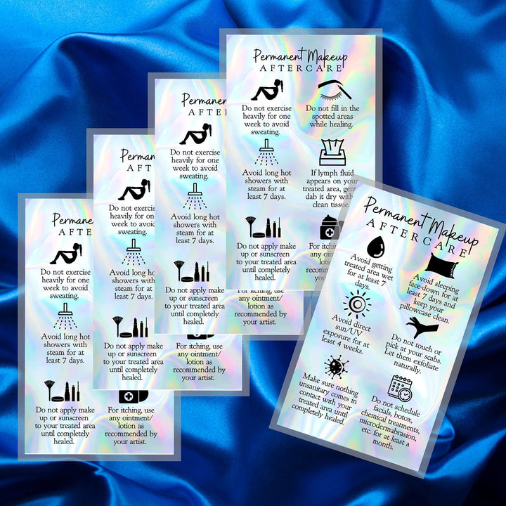 Permanent Makeup Aftercare Instructions Card | 50 Pack | 2x3.5 inches Business Card Size | PMU Non-Reflective Matte Holographic Look Design, rainbow, blue, black