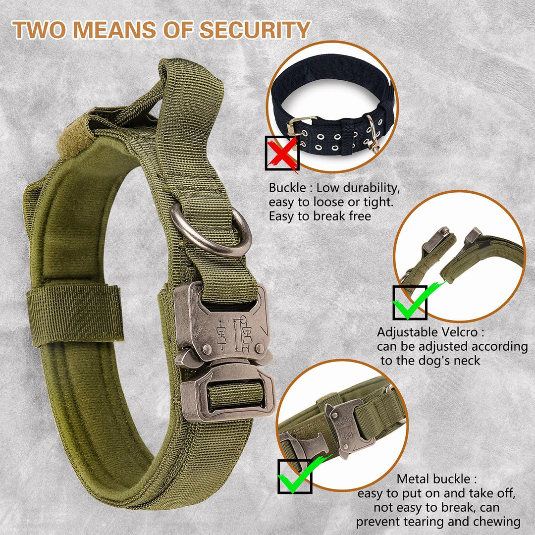 Tactical Dog Collar with Handle,Adjustable Military Dog Collar with Metal Buckle and Patches,Heavy Duty Dog Collars for Medium and Large Dogs (Militarygreen-L)