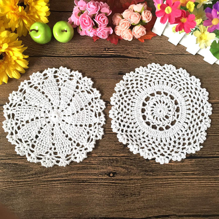7 Inch 4pc Handmade Round Crochet Cotton Lace Table Placemats Doilies Value Pack, Mix, Beige (4pc-7 Inch Beige)