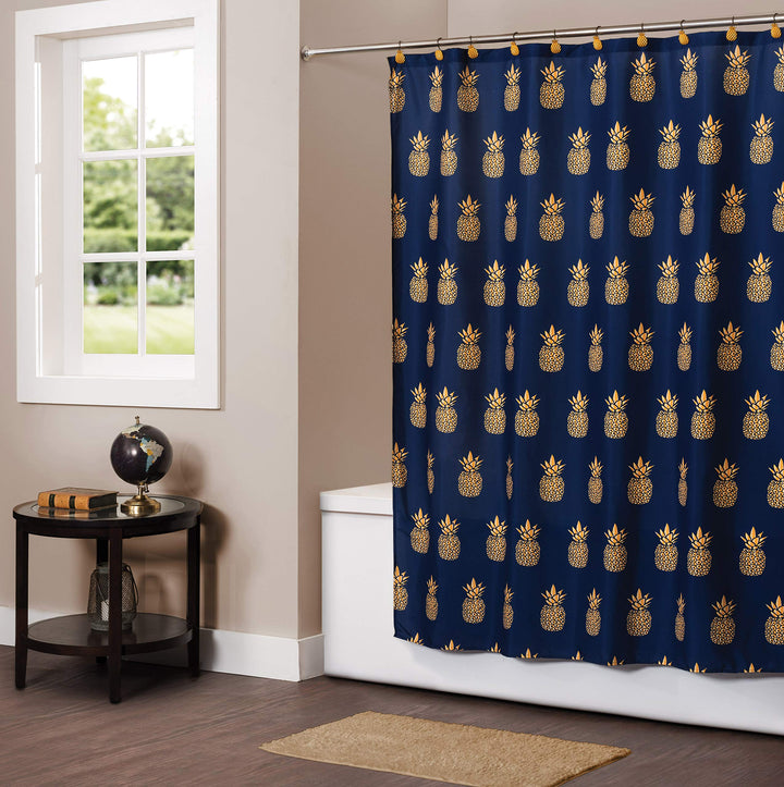 by Saturday Knight Ltd. Gilded Pineapple Fabric Shower Curtain, Navy/Gold
