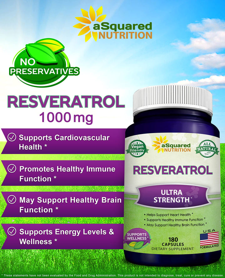 100% Natural Resveratrol - 1000mg Per Serving Max Strength (180 Capsules) Antioxidant Supplement, Trans-Resveratrol Pills for Heart Health &amp; Pure, Polyphenols