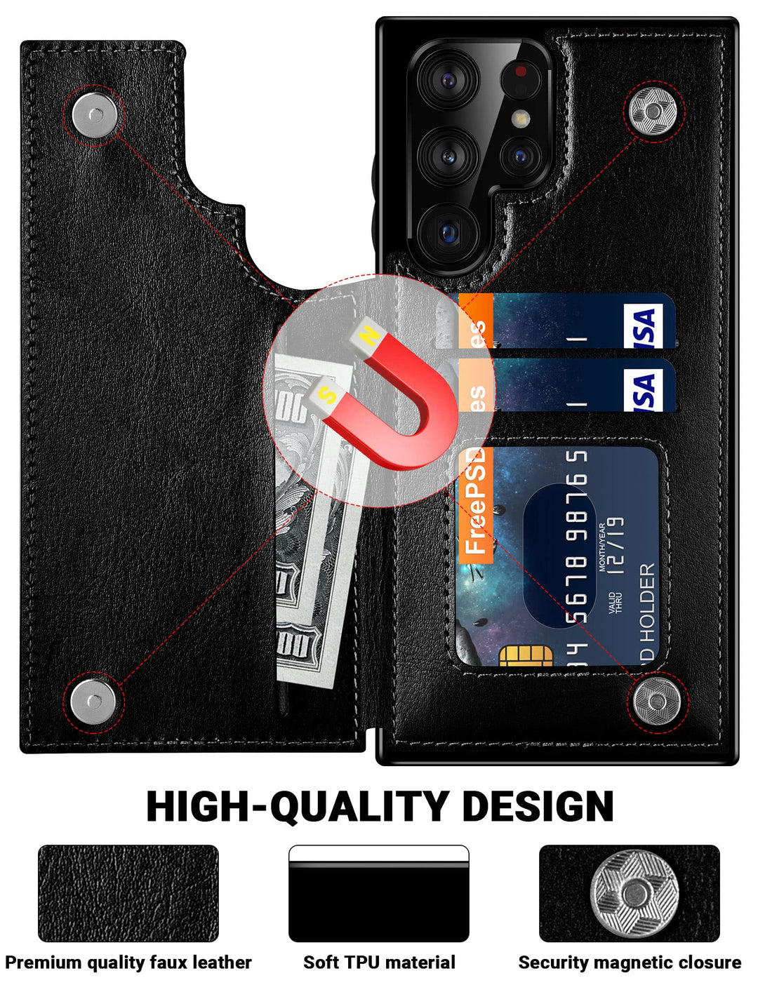 Galaxy S22 Ultra Case, for Samsung Galaxy S22 Ultra Wallet Case Men Women ID Credit Card Slot Holder Cover Cash Pocket Sleeve PU Leather Magnetic Closure Clasp S22 Ultra 5G Flip Cases Black