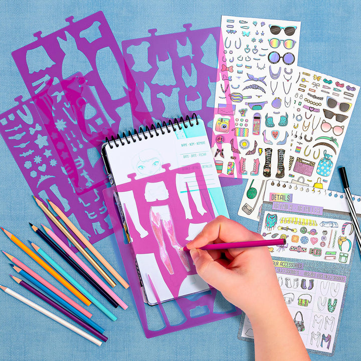 Fashion Design Sketch Kit - Compact Portfolio Sketchbook for Girls, Fashion Coloring Book for Kids Ages 6+ and Up, Comes with Stencils and Stickers