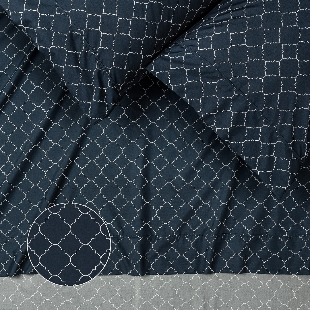 Premium Quatrefoil Print Geometric Patterned King Size Bed Sheet Set 4-Piece - 1 Flat Sheet 1 Fitted Sheet 2 Pillowcases - Ultra Soft Luxurious Microfiber Sheets - Navy Blue