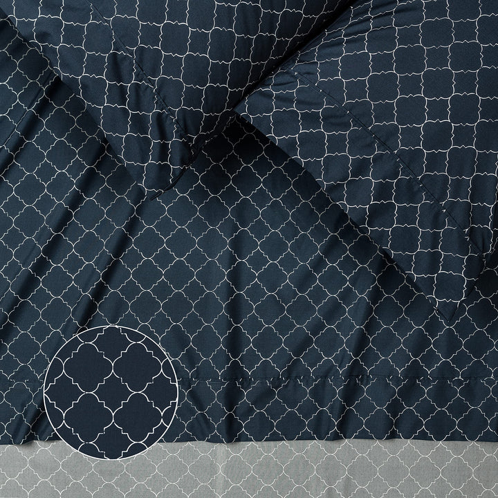 Premium Quatrefoil Print Geometric Patterned King Size Bed Sheet Set 4-Piece - 1 Flat Sheet 1 Fitted Sheet 2 Pillowcases - Ultra Soft Luxurious Microfiber Sheets - Navy Blue