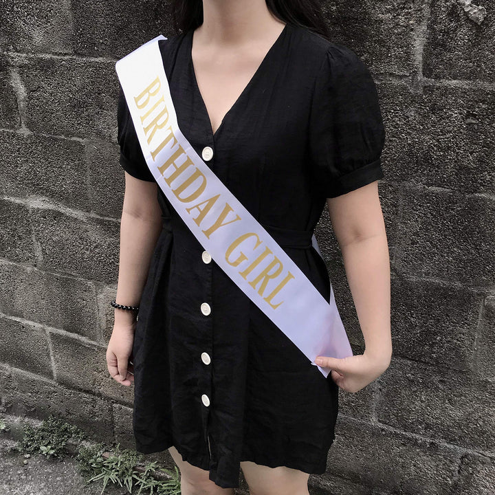 Birthday Sash for Girls White Satin Birthday Girl Sash with Gold Glitter Lettering Party Favors, Supplies and Decorations