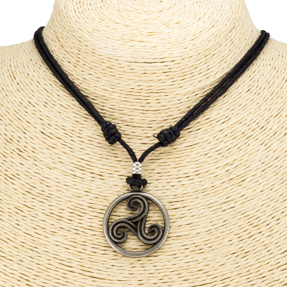 Triskelion Celtic Symbol (Trinity, Eternity) on Adjustable Black Cord Necklace