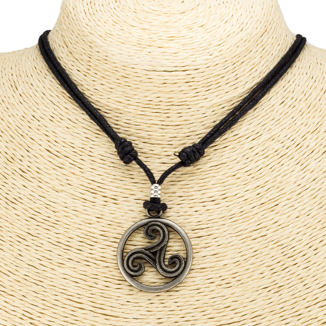 Triskelion Celtic Symbol (Trinity, Eternity) on Adjustable Black Cord Necklace
