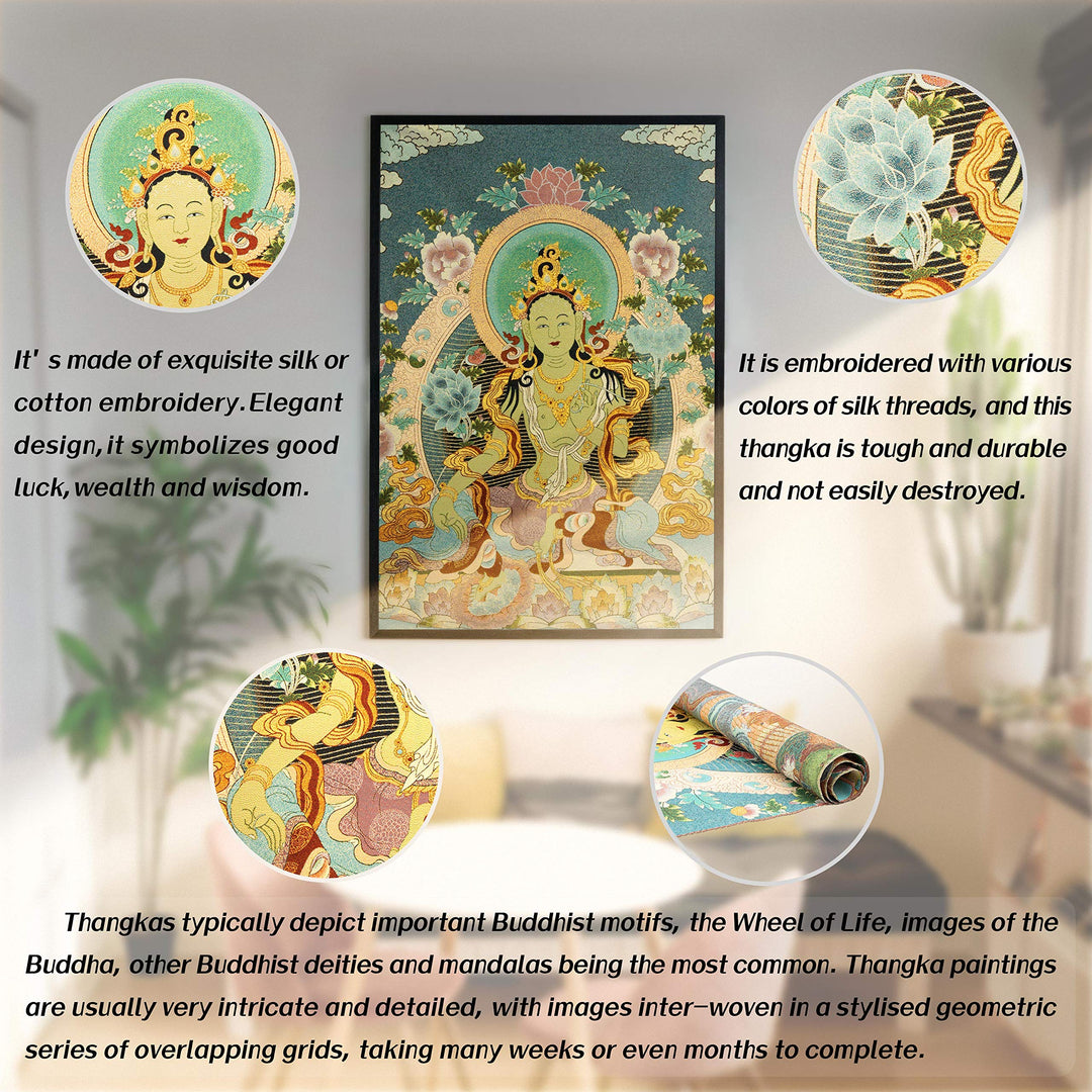Silk Embroidery Tibetan Thangka with Buddhism Green Tara Wall Hanging for Home Décor Tapestry Meditation