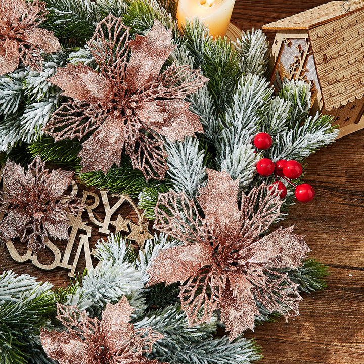 Wironlst 16 Pcs Glitter Poinsettia Flowers Artificial -