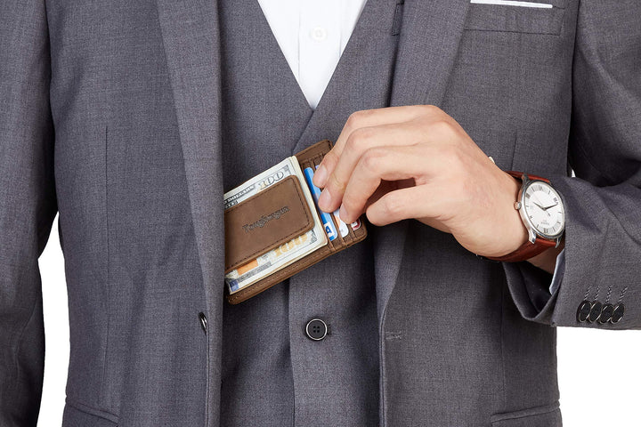 Genuine Leather Magnetic Front Pocket Money Clip Wallet RFID Blocking (Crazy Horse Coffee)