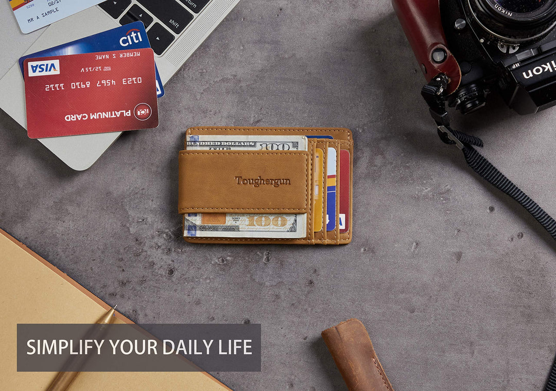 Genuine Leather Magnetic Front Pocket Money Clip Wallet RFID Blocking (Crazy Horse Khaki)