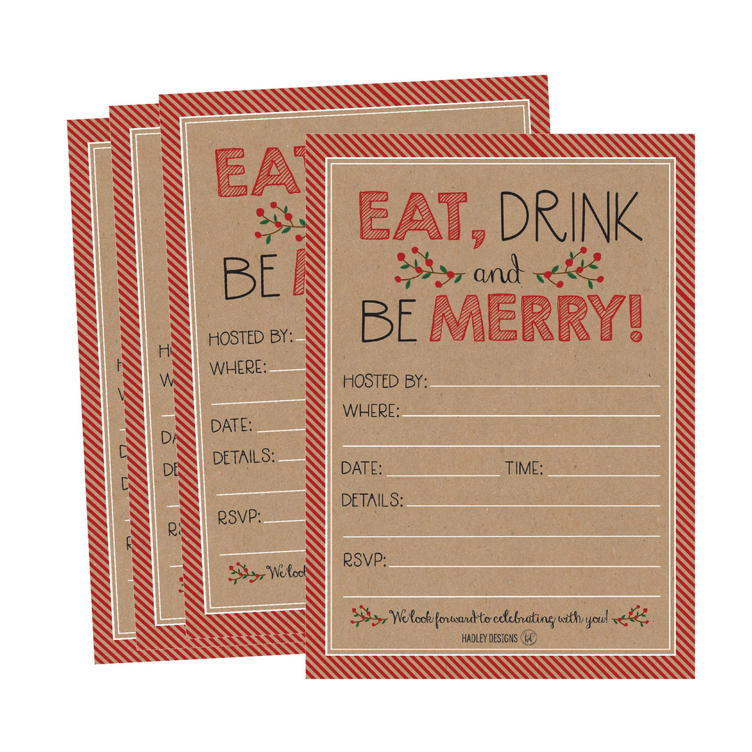 25 Rustic Holiday Party Invitations, Christmas Xmas Dinner Invite, Winter Birthday Festive Event Themed Card Ideas, Kraft Eat Drink Merry Red Adults Bday Supplies, Printable Template