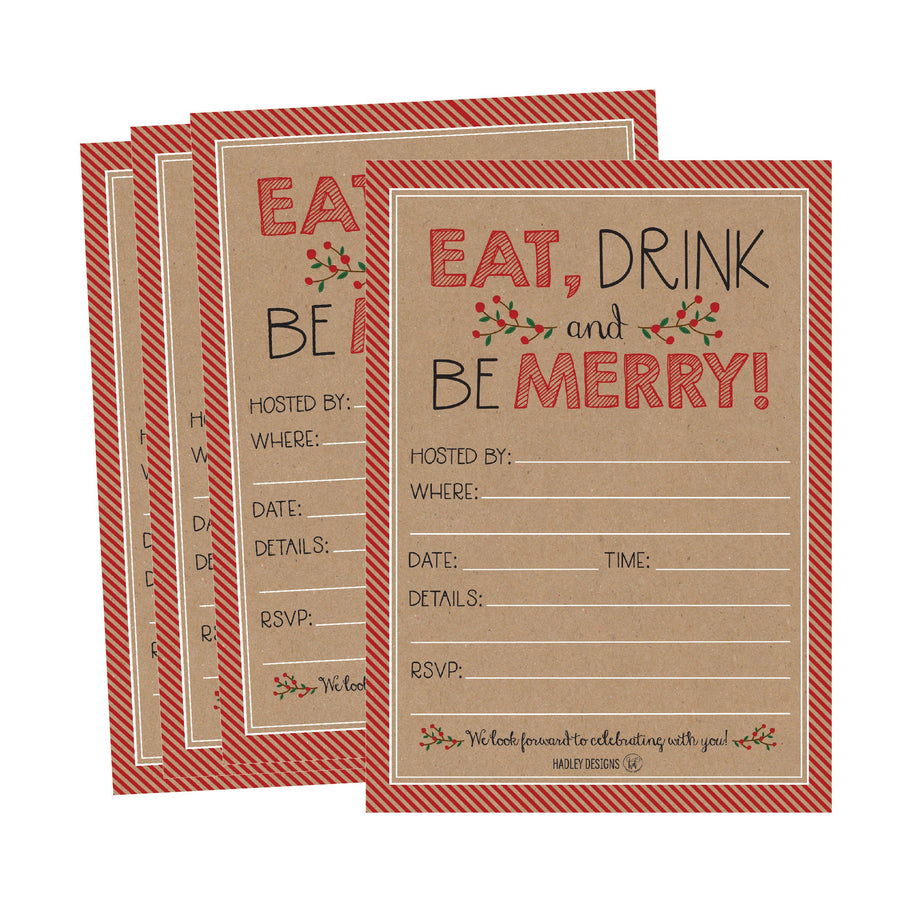 25 Rustic Holiday Party Invitations, Christmas Xmas Dinner Invite, Winter Birthday Festive Event Themed Card Ideas, Kraft Eat Drink Merry Red Adults Bday Supplies, Printable Template