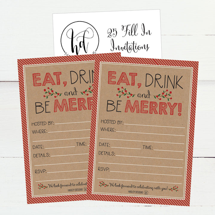 25 Rustic Holiday Party Invitations, Christmas Xmas Dinner Invite, Winter Birthday Festive Event Themed Card Ideas, Kraft Eat Drink Merry Red Adults Bday Supplies, Printable Template