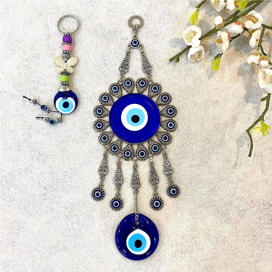 Evil Eye Wall Hanging: Large Double Blue Glass Ornament with Keychain - Turkish Greek Eye - Nazar Bead - Metal Home Decoration - Jewish Good Luck House Charm - Evil Eye Wall Decor