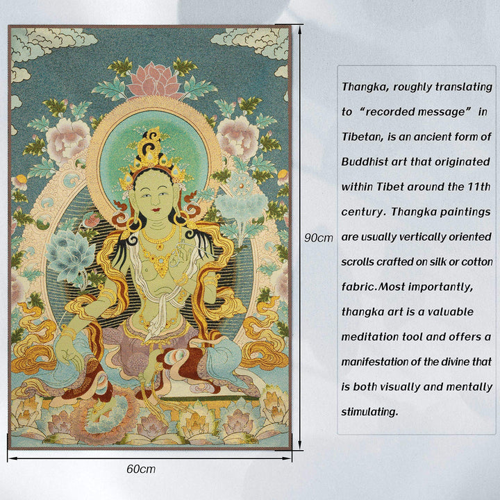 Silk Embroidery Tibetan Thangka with Buddhism Green Tara Wall Hanging for Home Décor Tapestry Meditation