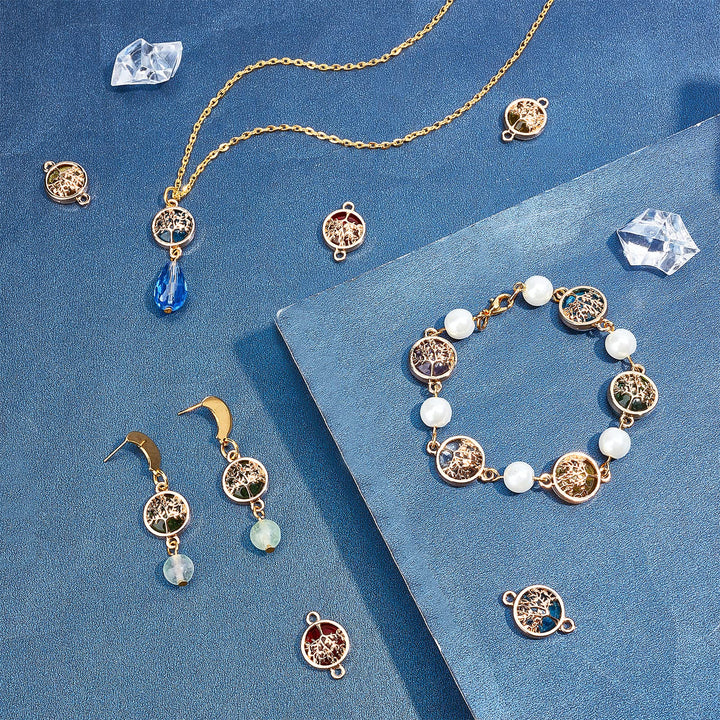 8 Color Tree of Life Pendant Charms Chakra Crystal Stone Pendant Positive Gemstone Pendant Quartz Charms for Necklace Earring Breast Cancer Awareness Jewelry Making Crafting, 32pcs