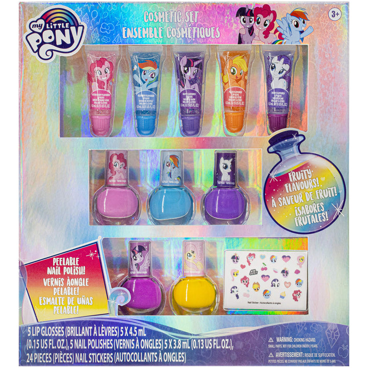 My Little Pony 10 Pcs Sparkly Cosmetic Beauty Makeup Set for Kids Girls Teen with 5 Pcs Lip Gloss, 5 Pcs Nail Polish &amp; Nail Stickers Perfect for Parties, Sleepovers and Makeovers Age 3+
