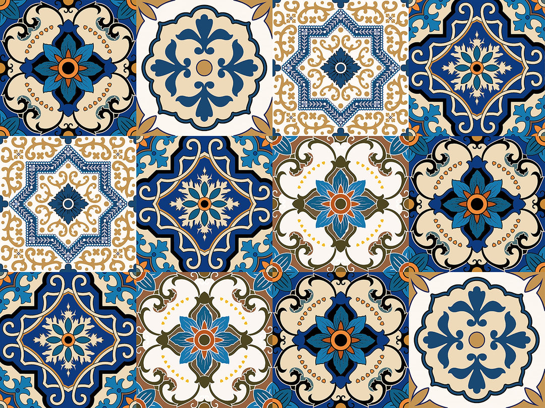 Kakofaci Bohemian Style 12 Pcs (6x6 in) Decorative Tile Stickers,Peel and Stick Wallcovering Self-Adhesive Waterproof Vinyl Tile Stickers for Kitchen Living Room Floor(Blue)