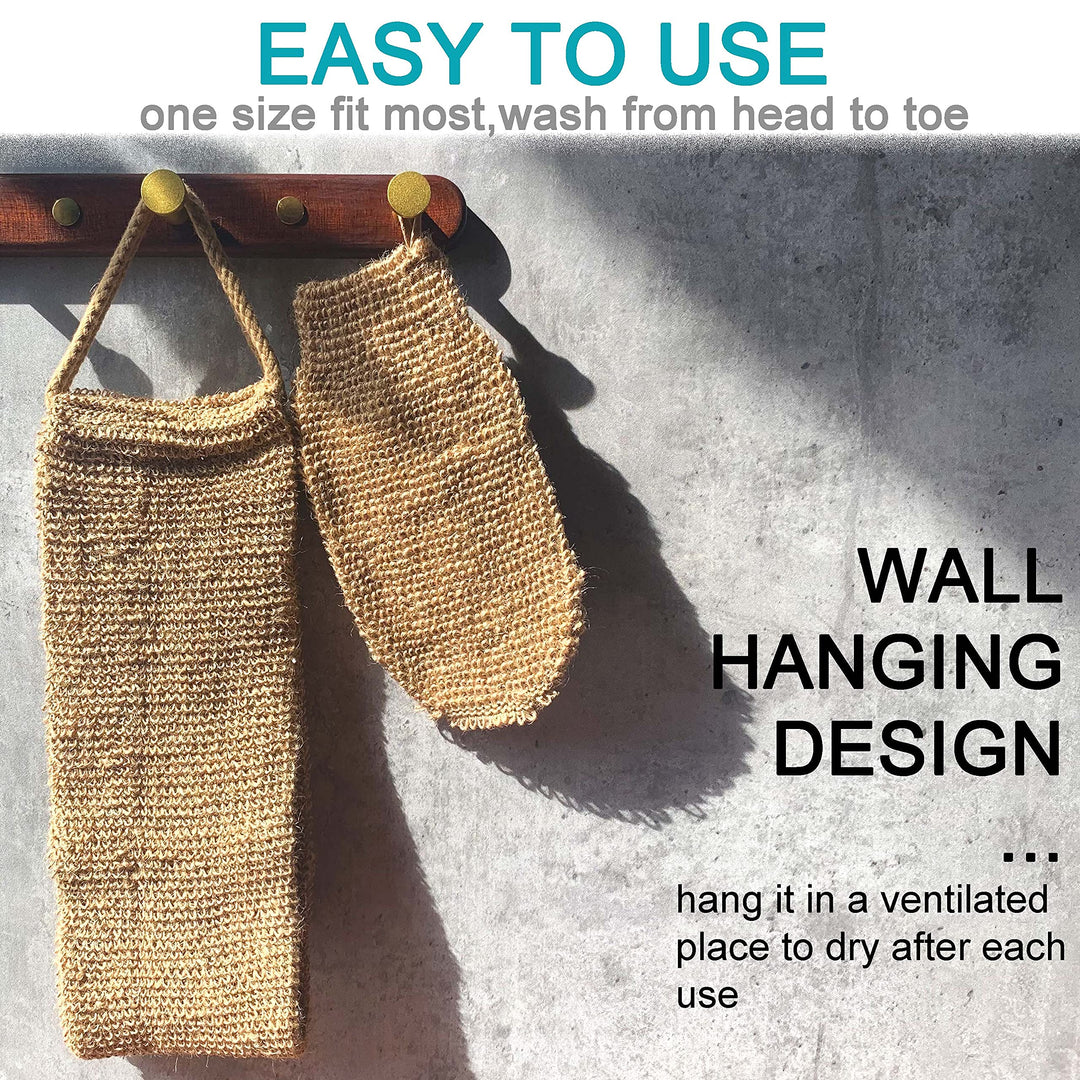 2 pcs/set Large Natural Exfoliating Hemp Back Scrubber for Shower for Men and Women - Rub Glove Mitt Mitten - Deep Clean &amp; Invigorate Your Skin - Machine Wash and Dry - Double Sided Available