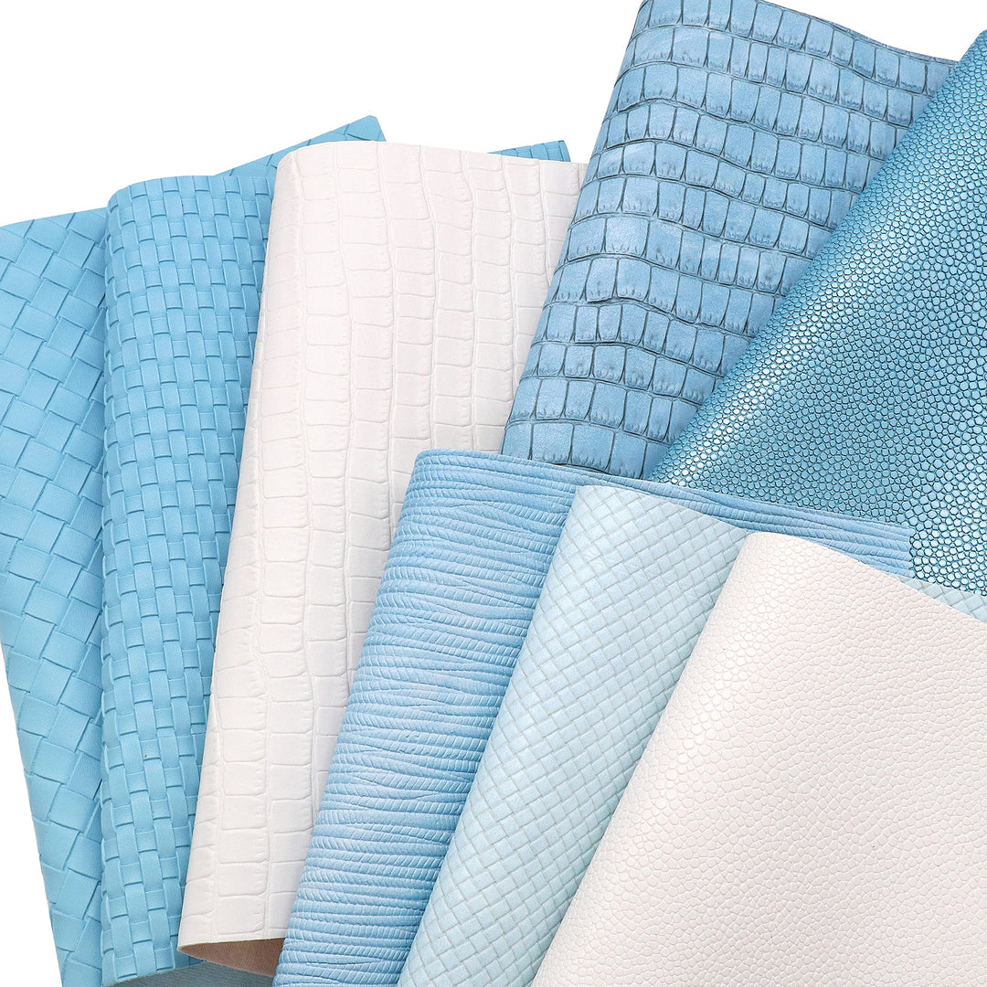 8Pcs/Set New Weave Embossed Textured Faux Leather Sheets Blue Series Mixed Woven Lattice Striped Vinyl Fabric A4 8 x 12 Inch for Making Bohemia Earrings Hair Bow Handbag and DIY Crafts