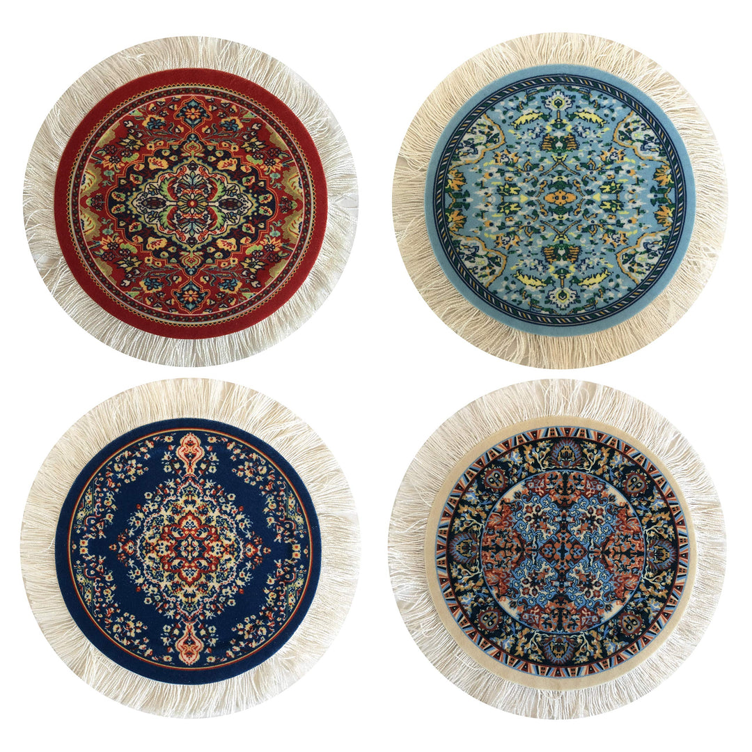 Carpet Coasters, Set of 4 Turkish Rug Style Table Drink mats, Absorbent Kitchen and Dining Accessories, Spill &amp; drip Protection, Round