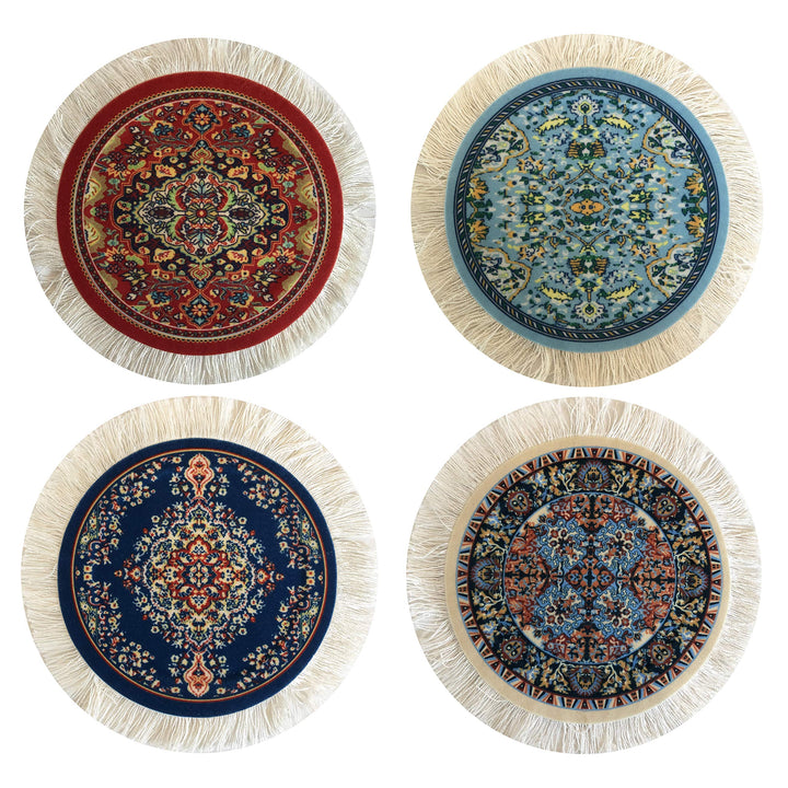 Carpet Coasters, Set of 4 Turkish Rug Style Table Drink mats, Absorbent Kitchen and Dining Accessories, Spill &amp; drip Protection, Round