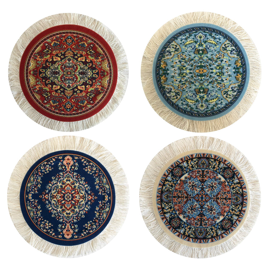 Carpet Coasters, Set of 4 Turkish Rug Style Table Drink mats, Absorbent Kitchen and Dining Accessories, Spill & drip Protection, Round