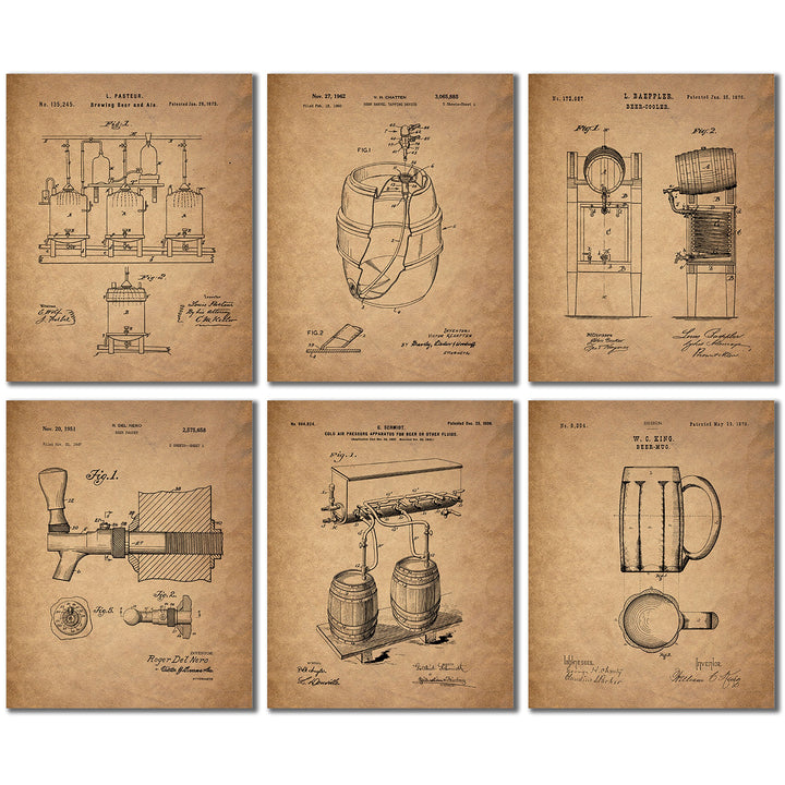 Beer Patent Wall Art Prints - Set of 6 (8 inches by 10 inches) Vintage Bar Photos