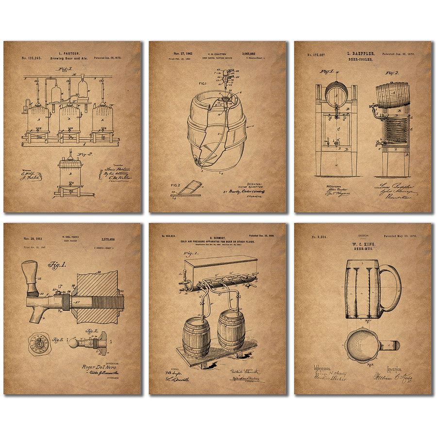 Beer Patent Wall Art Prints - Set of 6 (8 inches by 10 inches) Vintage Bar Photos
