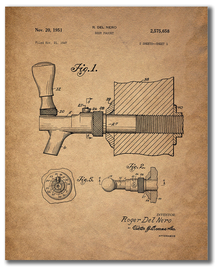 Beer Patent Wall Art Prints - Set of 6 (8 inches by 10 inches) Vintage Bar Photos