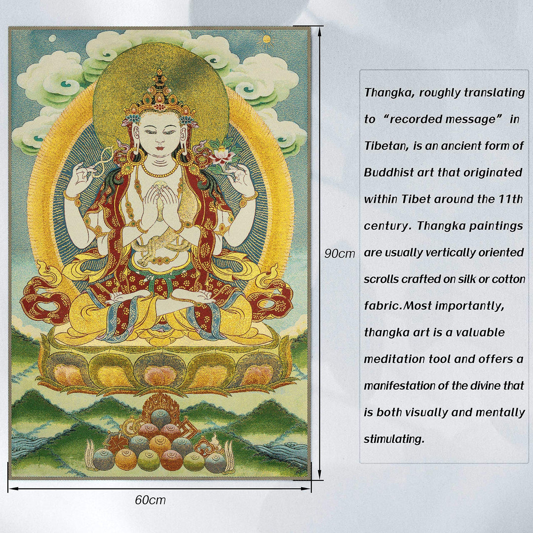 Silk Embroidery Tibetan Thangka with Four Arms Kwan Yin Avalokitesvara Wall Hanging for Home Décor Tapestry Meditation