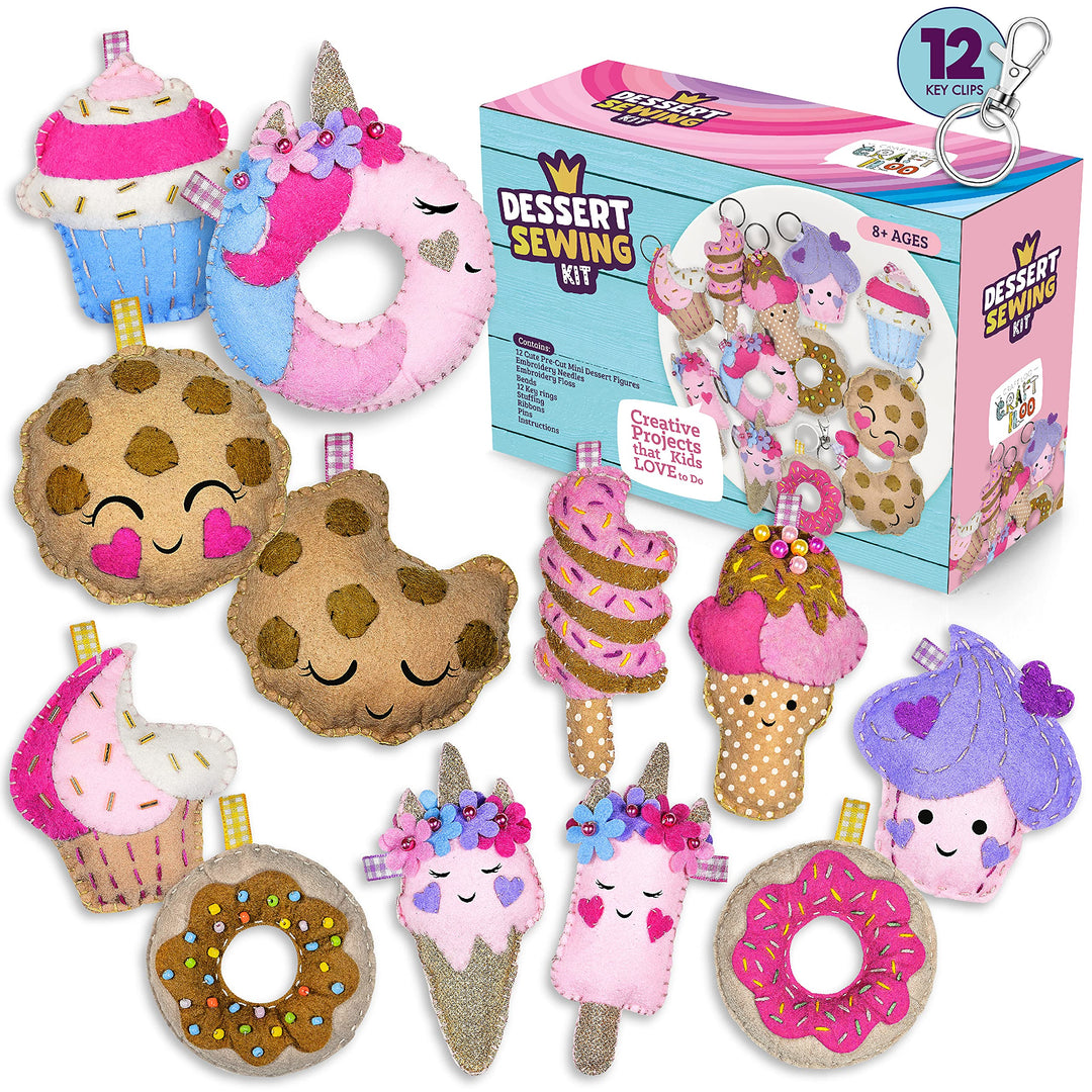 12 Pre-Cut Mini Treats Dessert Fun Kids Sewing Kit for Kids Ages 8-12 Children Beginners Sewing kit kid crafts Make Your Own Felt Pillow Plush Craft Kit Girls and Boys Art Craft Kits Learn to Sew Kit