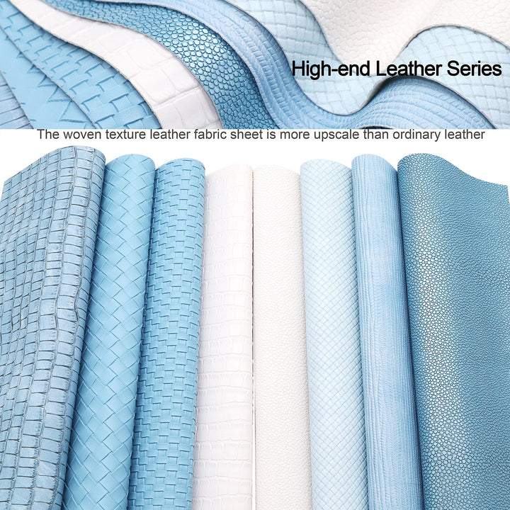 8Pcs/Set New Weave Embossed Textured Faux Leather Sheets Blue Series Mixed Woven Lattice Striped Vinyl Fabric A4 8 x 12 Inch for Making Bohemia Earrings Hair Bow Handbag and DIY Crafts