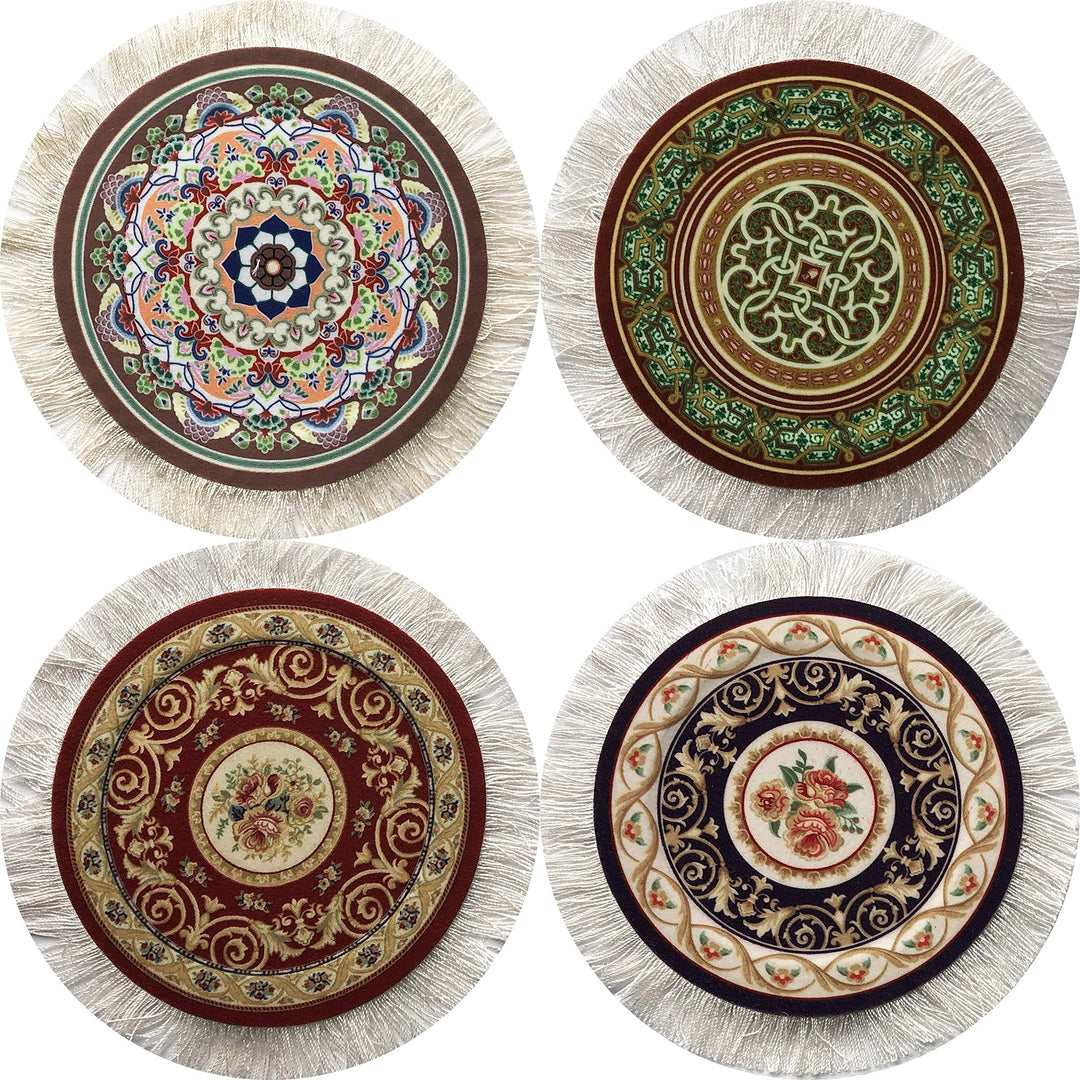 Rug Coasters, Set of 4 Turkish Carpet Style Table Drink mats, Absorbent Kitchen and Dining Accessories, Spill &amp; drip Protection, Round