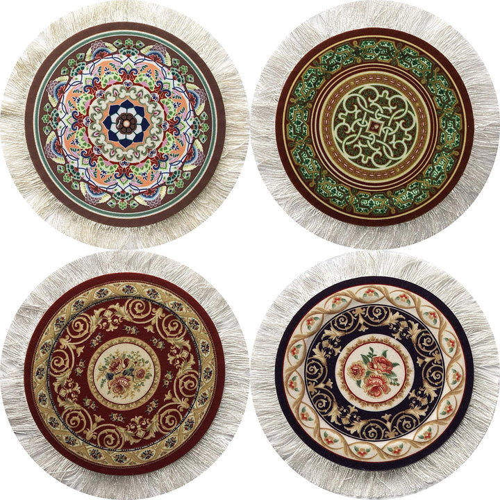 Rug Coasters, Set of 4 Turkish Carpet Style Table Drink mats, Absorbent Kitchen and Dining Accessories, Spill &amp; drip Protection, Round