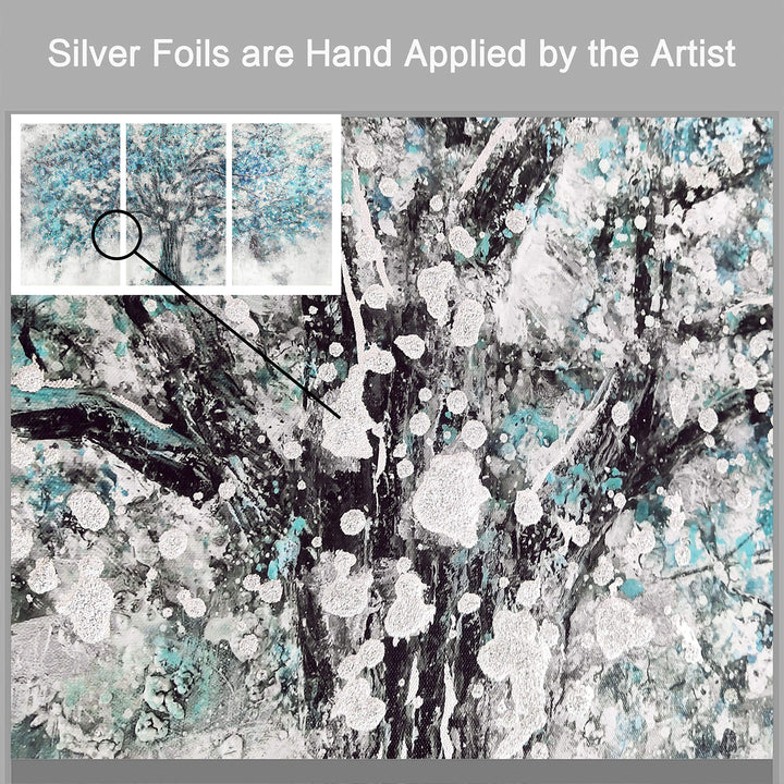 Abstract Tree Canvas Wall Art - 3 Pieces Silver Blue Blooming Plant Picture Modern Landscape Prints Forest Painting for Living Room