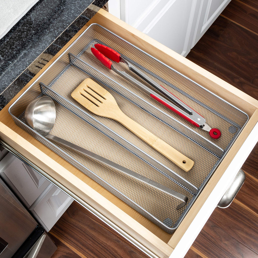 KCH-02157 Steel Mesh 3-Compartment Cutlery Utensil Organizer, Silver