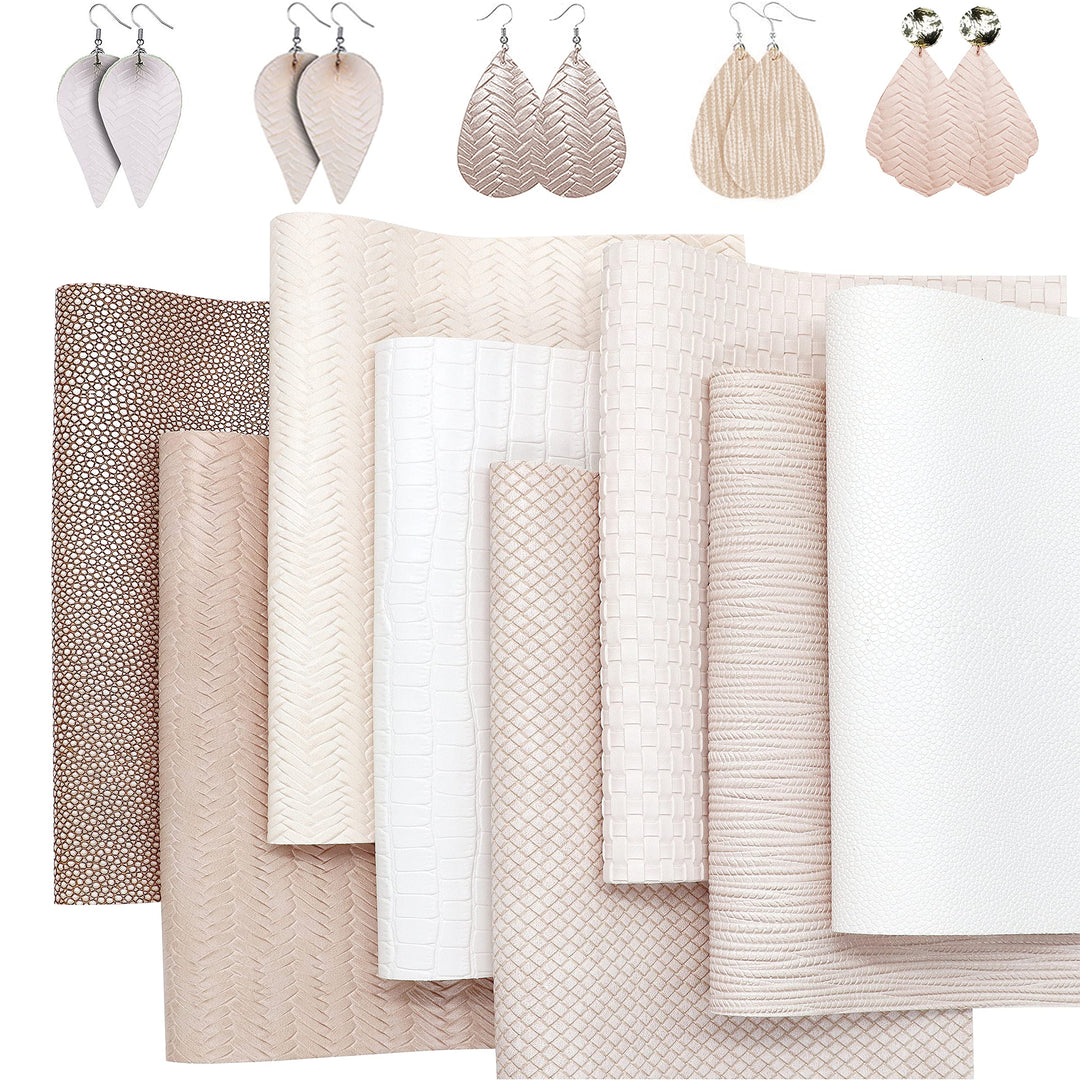 8Pcs/Set Braided Faux Leather Sheets Weave Embossed Textured Beige Series Mixed Woven Lattice Striped Vinyl Fabric A4 8x12 Inch for Making Bohemia Earrings Hair Bow Handbag and DIY Crafts