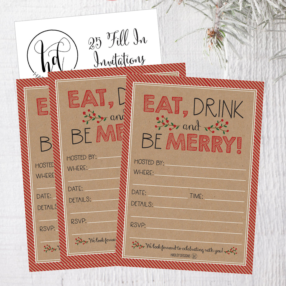 25 Rustic Holiday Party Invitations, Christmas Xmas Dinner Invite, Winter Birthday Festive Event Themed Card Ideas, Kraft Eat Drink Merry Red Adults Bday Supplies, Printable Template