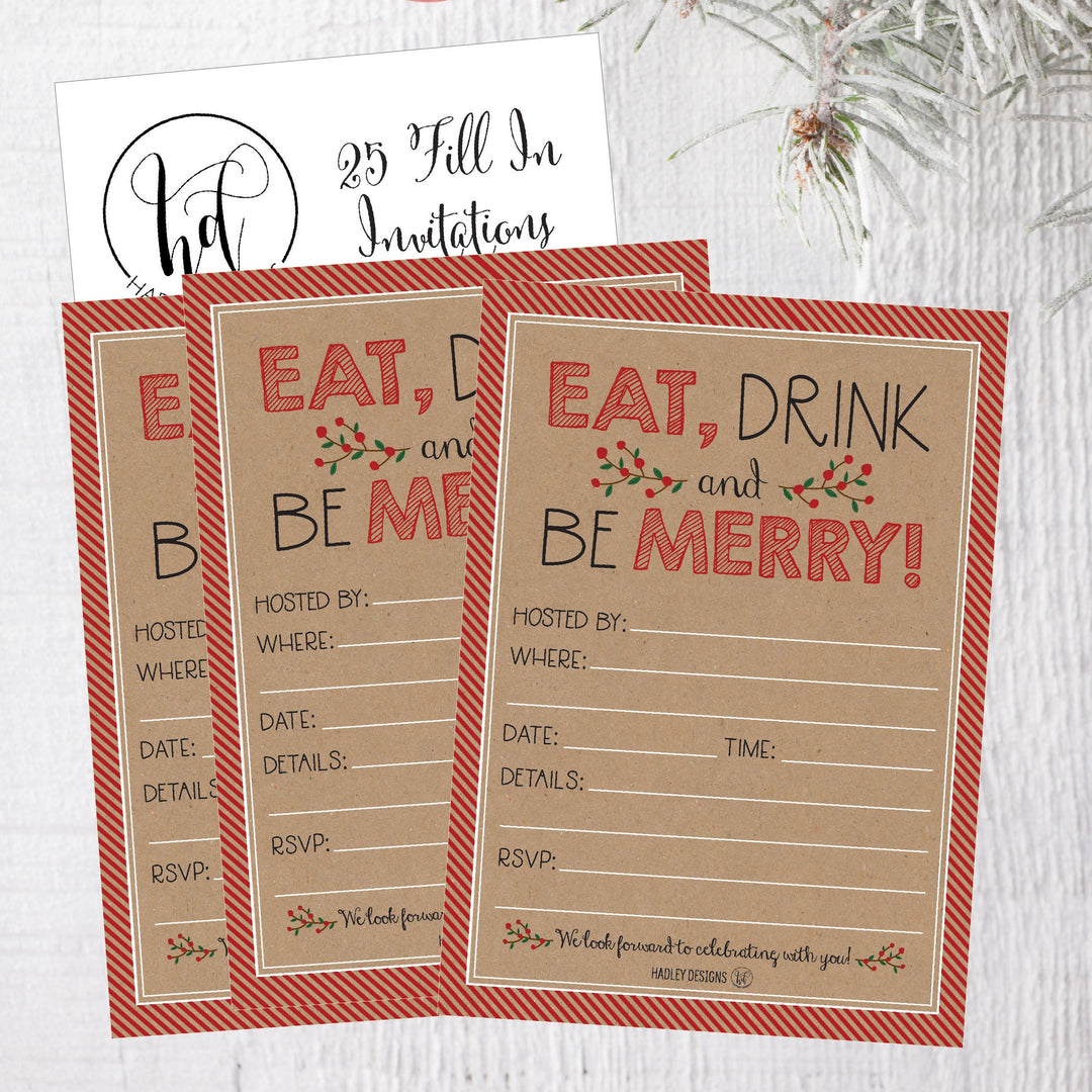 25 Rustic Holiday Party Invitations, Christmas Xmas Dinner Invite, Winter Birthday Festive Event Themed Card Ideas, Kraft Eat Drink Merry Red Adults Bday Supplies, Printable Template